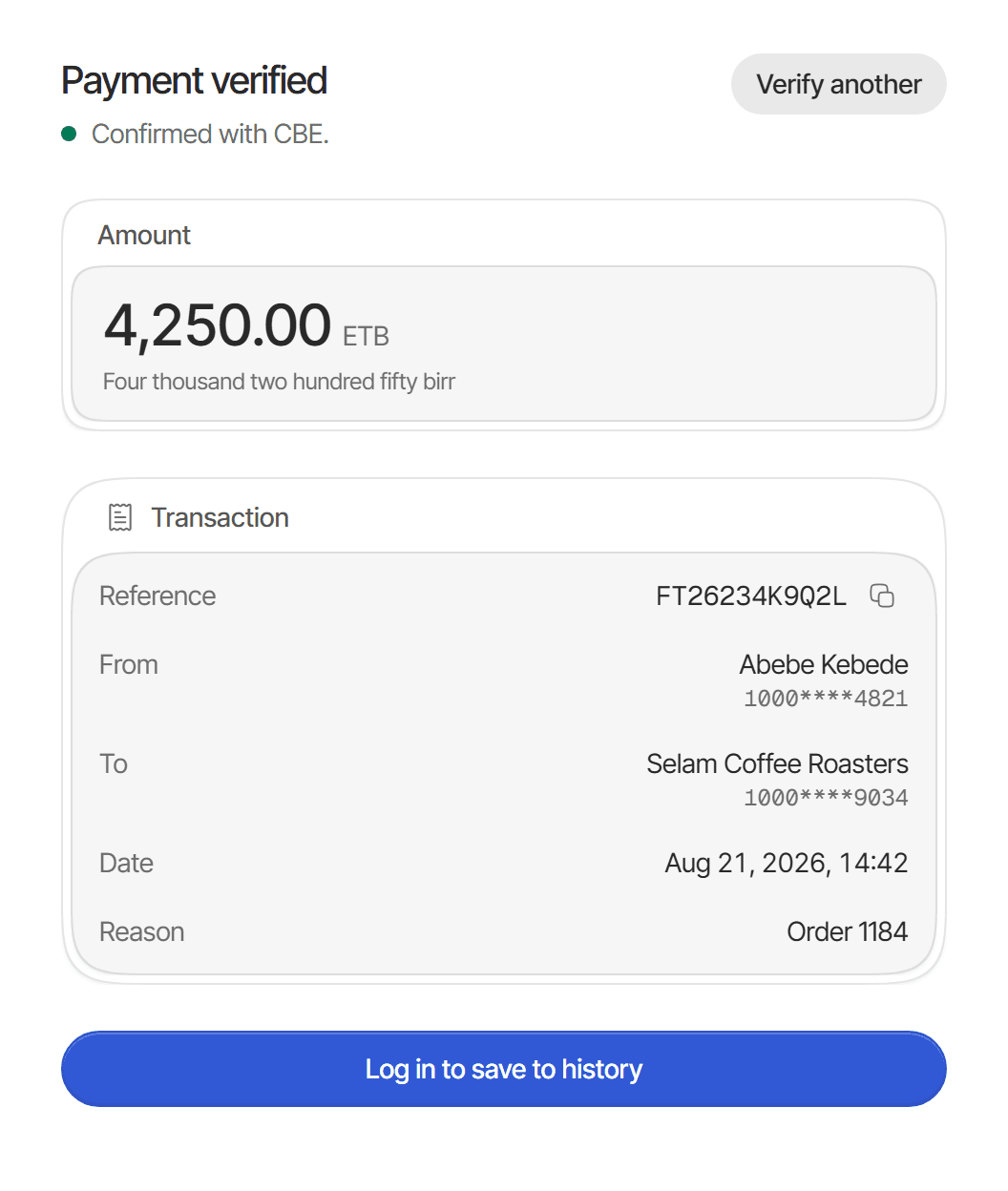 A verified CBE payment: amount, sender, receiver and date